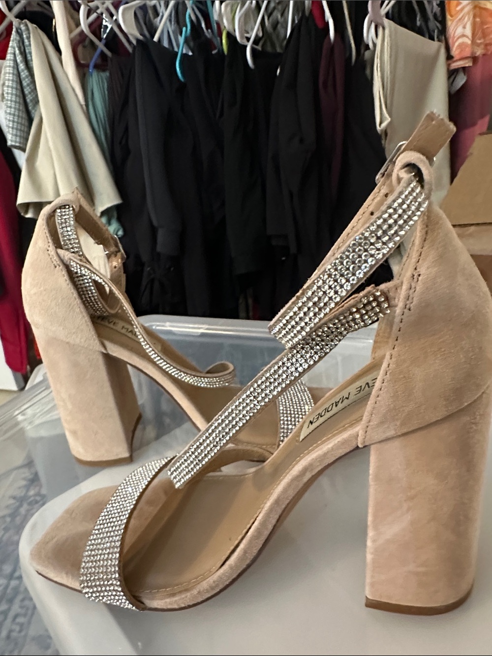 Steve Madden Nude Suede Block Heels with Crystal Straps